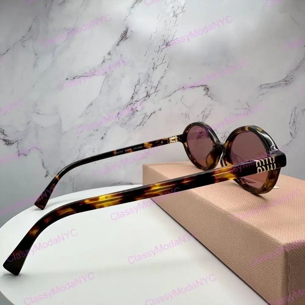 New MIU MIU Sunglasses Brown Tortoise Round Acetate Gold Metal Logo Authentic